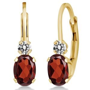 14K Yellow Gold with 1.07 Cttw Garnet and White Diamond Leverback Drop Earrings